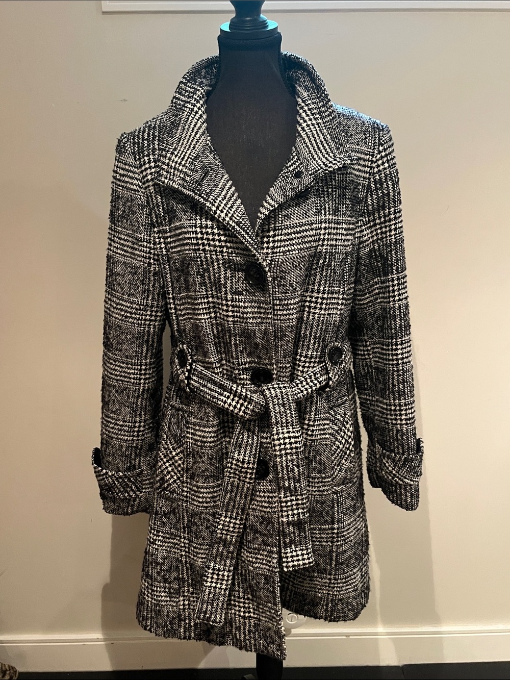 Black & White Plaid Belted Trench Coat